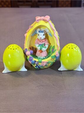 Resin Easter Bunny Scene in Egg House, Collectible W Egg Salt & Pepper Shakers